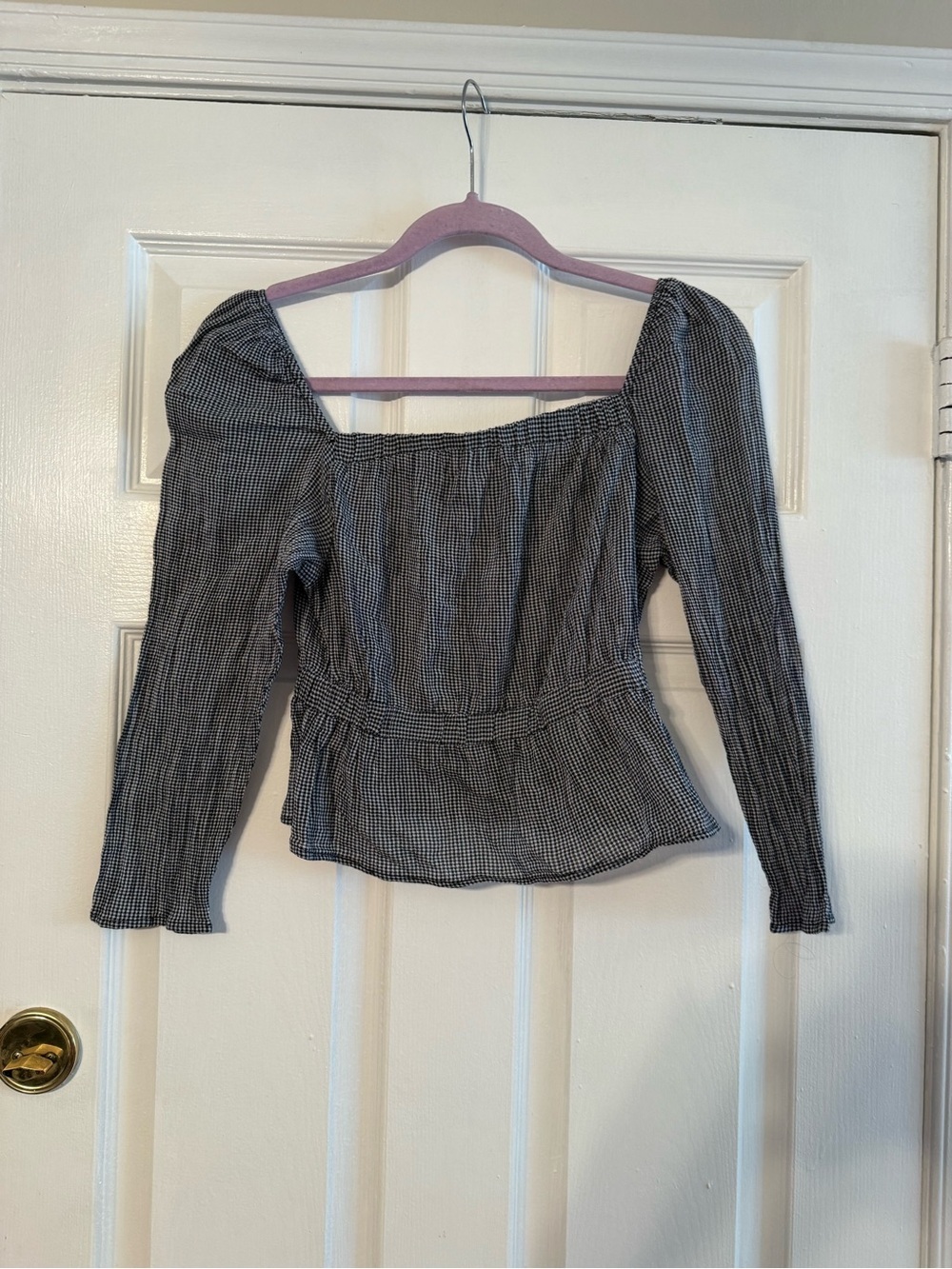 Smocked Square-Neck Long Sleeve Top in Black and White